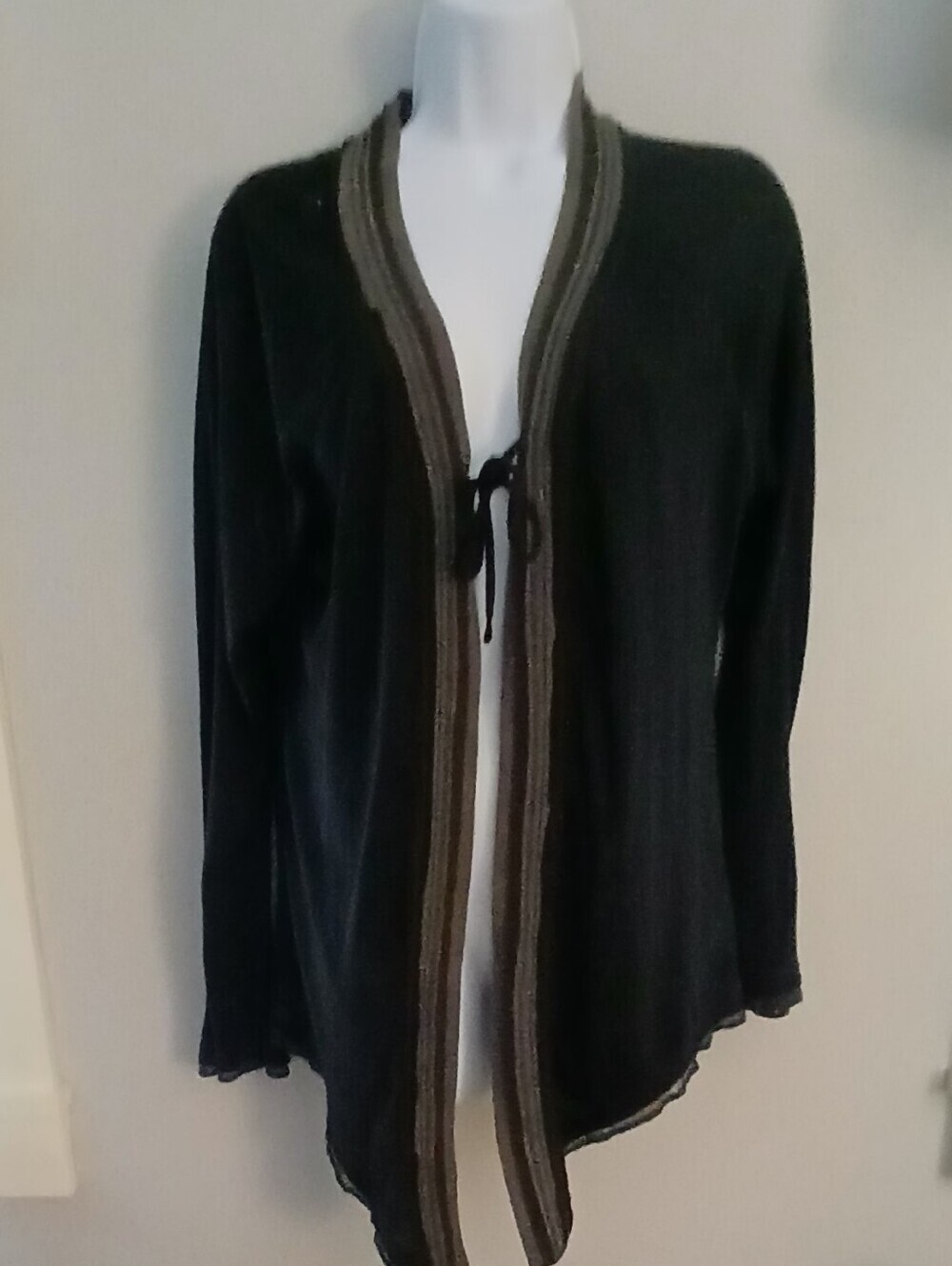 alo Lightweight Sheer Tie-Front Yoga Cardigan in Black Taupe Trim Size L NWT